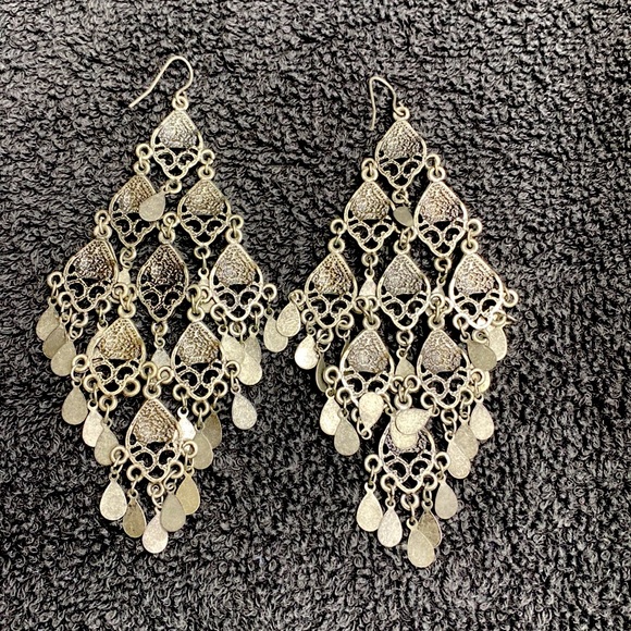 Costume chandelier light blue antique silver alloy metal hook pierced earrings. - Picture 2 of 3